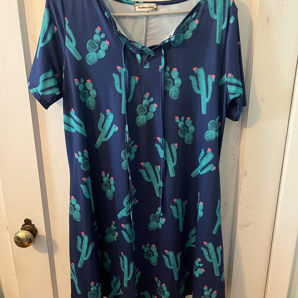 Cactus Print Blue Mini Dress